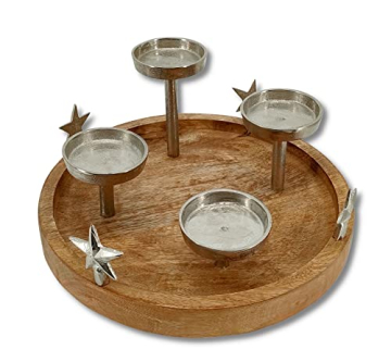 Mango-Holz und Metall Kerzenhalter rund Silber mit Sternen Ø 30cm für Vier große Stumpen-Kerzen Tisch-Deko Advent-Kerzenständer - 4