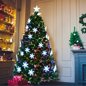 RELAX4LIFE LED-Weihnachtsbaum, Künstlicher Christbaum mit Schneeflocke & Sternspitze, Kunstbaum mit Farbiger Glasfaser, inkl. Metallständer, Tannenbaum für Büro Geschäften Zuhause, PVC grün (210 cm) - 3