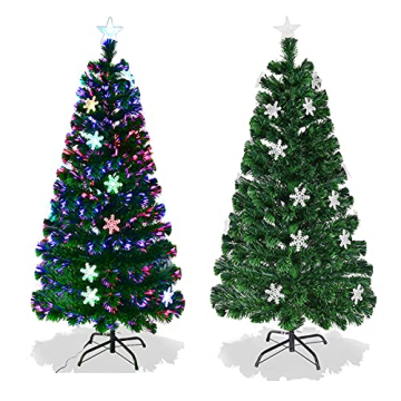 RELAX4LIFE LED-Weihnachtsbaum, Künstlicher Christbaum mit Schneeflocke & Sternspitze, Kunstbaum mit Farbiger Glasfaser, inkl. Metallständer, Tannenbaum für Büro Geschäften Zuhause, PVC grün (210 cm) - 1