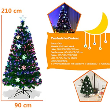 RELAX4LIFE LED-Weihnachtsbaum, Künstlicher Christbaum mit Schneeflocke & Sternspitze, Kunstbaum mit Farbiger Glasfaser, inkl. Metallständer, Tannenbaum für Büro Geschäften Zuhause, PVC grün (210 cm) - 5