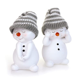 TEMPELWELT 2X Deko Figur Schneemann im Set je 11 cm, Keramik weiß, Wintermütze Textil Wolle grau, Keramikfigur Dekofigur Winter Weihnachten Advent Dekoration - 1