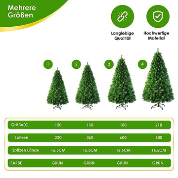 Weihnachtsbaum Künstlich Christbaum Tannenbaum PVC mit Metallständer Wiederverwändbar Schnellaufbau Dekobaum 210cm 800 Spitzen Grün - 4