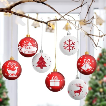 Amteker Weihnachtskugeln Kunststoff Set, 16 Stücke 6CM Christbaumkugeln Deko Weihnachten, Weihnachtsbaumschmuck mit Aufhänger Bruchsicher, Baumschmuck Weihnachten Weihnachtskugeln weiß rot - 6