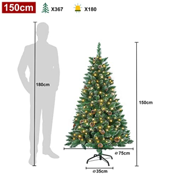 Aufun Künstlicher Weihnachtsbaum Tannenbaum mit Beleuchtung 250 LED warm-weiß inkl. Metallständer 570 Spitzen, PVC Christbaum für Weihnachten-Dekoration (150cm, Schnee-Effekt+Kiefernzapfen+LED) - 2