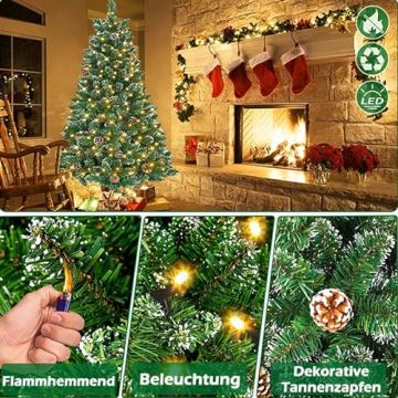 Aufun Künstlicher Weihnachtsbaum Tannenbaum mit Beleuchtung 250 LED warm-weiß inkl. Metallständer 570 Spitzen, PVC Christbaum für Weihnachten-Dekoration (150cm, Schnee-Effekt+Kiefernzapfen+LED) - 3