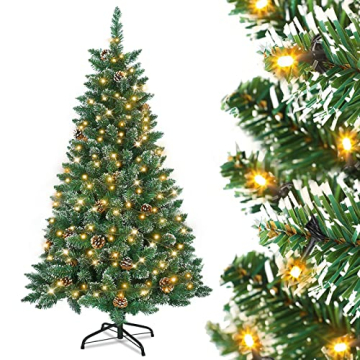 Aufun Künstlicher Weihnachtsbaum Tannenbaum mit Beleuchtung 250 LED warm-weiß inkl. Metallständer 570 Spitzen, PVC Christbaum für Weihnachten-Dekoration (150cm, Schnee-Effekt+Kiefernzapfen+LED) - 1