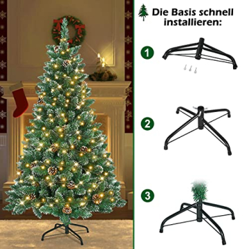 Aufun Künstlicher Weihnachtsbaum Tannenbaum mit Beleuchtung 250 LED warm-weiß inkl. Metallständer 570 Spitzen, PVC Christbaum für Weihnachten-Dekoration (150cm, Schnee-Effekt+Kiefernzapfen+LED) - 7