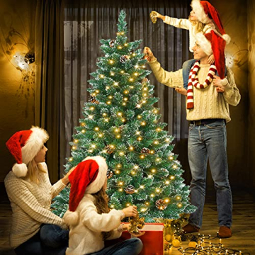 Aufun Künstlicher Weihnachtsbaum Tannenbaum mit Beleuchtung 250 LED warm-weiß inkl. Metallständer 570 Spitzen, PVC Christbaum für Weihnachten-Dekoration (150cm, Schnee-Effekt+Kiefernzapfen+LED) - 8
