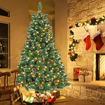 Aufun Künstlicher Weihnachtsbaum Tannenbaum mit Beleuchtung 250 LED warm-weiß inkl. Metallständer 570 Spitzen, PVC Christbaum für Weihnachten-Dekoration (150cm, Schnee-Effekt+Kiefernzapfen+LED) - 9