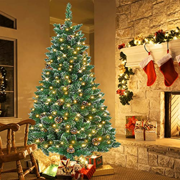 Aufun Künstlicher Weihnachtsbaum Tannenbaum mit Beleuchtung 250 LED warm-weiß inkl. Metallständer 570 Spitzen, PVC Christbaum für Weihnachten-Dekoration (150cm, Schnee-Effekt+Kiefernzapfen+LED) - 9