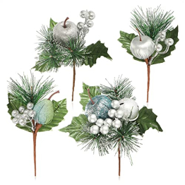 COM-FOUR® 4X Deko-Gesteck, dekorative Zweige als tolle Weihnachtsdekoration, schöner Raumschmuck, verschönert Geschenke auch für Kränze und Blumenarrangements DIY (grün - klein - mit Äpfeln) - 1