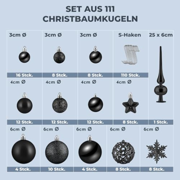 cosia Weihnachtskugeln Schwarz Set 111 Stück - Weihnachtskugeln Kunststoff in vielen Farben & Größen inkl. S Haken Befestigung - 111 Christbaumkugeln Kunststoff - Weihnachtsbaum Kugeln - 2