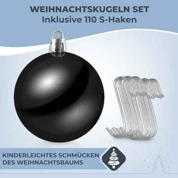 cosia Weihnachtskugeln Schwarz Set 111 Stück - Weihnachtskugeln Kunststoff in vielen Farben & Größen inkl. S Haken Befestigung - 111 Christbaumkugeln Kunststoff - Weihnachtsbaum Kugeln - 3