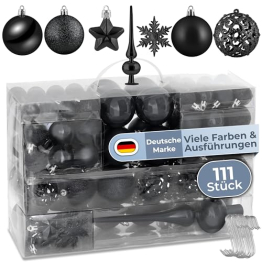 cosia Weihnachtskugeln Schwarz Set 111 Stück - Weihnachtskugeln Kunststoff in vielen Farben & Größen inkl. S Haken Befestigung - 111 Christbaumkugeln Kunststoff - Weihnachtsbaum Kugeln - 1