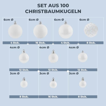 cosia Weihnachtskugeln Weiß Set 50 & 100 - Weihnachtskugeln Kunststoff in vielen Farben & Größen mit vormontierten Schlaufen - 100 Christbaumkugeln Kunststoff - Weihnachtsbaum Kugeln - 2