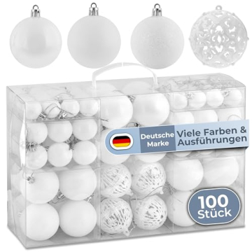 cosia Weihnachtskugeln Weiß Set 50 & 100 - Weihnachtskugeln Kunststoff in vielen Farben & Größen mit vormontierten Schlaufen - 100 Christbaumkugeln Kunststoff - Weihnachtsbaum Kugeln - 1