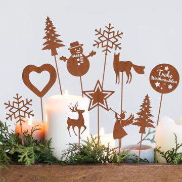 Gulfmew 11er Set Garten Roststecker Metall Adventskranz Rost Dekostecker Winterwald Rost Gartendeko Stecker Rostoptik Gartenstecker Garten Metallstecker zum Advent Weihnachten Dekoration - 1