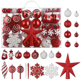 HAUSPROFI 130er Set Weihnachtskugeln Kunststoff mit Baumspitze Stern Weihnachtsbaumschmuck Christbaumschmuck Set mit Aufhängen Christbaumkugeln Bunt Mehrweg Weihnachtsdeko - 1