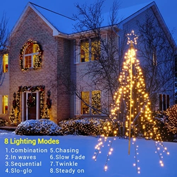 Joomer Christbaumbeleuchtung mit Ring und Sterne, 2,1M x10 Girlanden 450 LED Weihnachtsbaum Lichterkette Außen mit Fernbedienung, 8 modi Dimmbar Warmweiß Weihnachtsbeleuchtung für Rasen Garten - 2