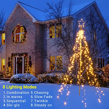 Joomer Christbaumbeleuchtung mit Ring und Sterne, 2,1M x10 Girlanden 450 LED Weihnachtsbaum Lichterkette Außen mit Fernbedienung, 8 modi Dimmbar Warmweiß Weihnachtsbeleuchtung für Rasen Garten - 2