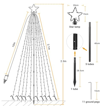 Joomer Christbaumbeleuchtung mit Ring und Sterne, 2,1M x10 Girlanden 450 LED Weihnachtsbaum Lichterkette Außen mit Fernbedienung, 8 modi Dimmbar Warmweiß Weihnachtsbeleuchtung für Rasen Garten - 3