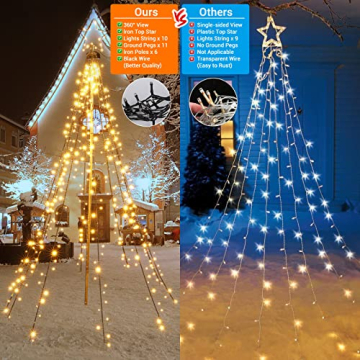 Joomer Christbaumbeleuchtung mit Ring und Sterne, 2,1M x10 Girlanden 450 LED Weihnachtsbaum Lichterkette Außen mit Fernbedienung, 8 modi Dimmbar Warmweiß Weihnachtsbeleuchtung für Rasen Garten - 6