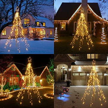 Joomer Christbaumbeleuchtung mit Ring und Sterne, 2,1M x10 Girlanden 450 LED Weihnachtsbaum Lichterkette Außen mit Fernbedienung, 8 modi Dimmbar Warmweiß Weihnachtsbeleuchtung für Rasen Garten - 7