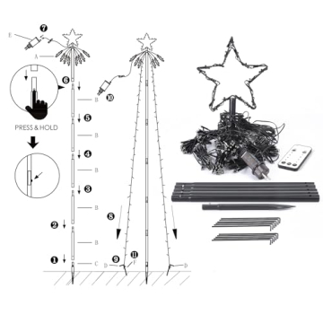 Joomer Christbaumbeleuchtung mit Ring und Sterne, 2,1M x10 Girlanden 450 LED Weihnachtsbaum Lichterkette Außen mit Fernbedienung, 8 modi Dimmbar Warmweiß Weihnachtsbeleuchtung für Rasen Garten - 8