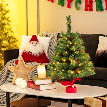 KOMFOTTEU 64 cm künstlicher Weihnachtsbaum Mini, Tannenbaum klein mit 50 LED-Lichtern & 8 Lichtmodi, Tisch Christbaum mit 75 Zweigspitzen & 8 Tannenzapfen, Weihnachtsdeko Grün - 2