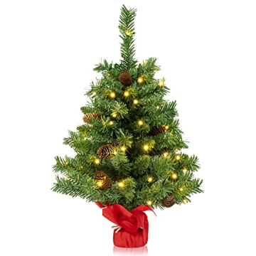 KOMFOTTEU 64 cm künstlicher Weihnachtsbaum Mini, Tannenbaum klein mit 50 LED-Lichtern & 8 Lichtmodi, Tisch Christbaum mit 75 Zweigspitzen & 8 Tannenzapfen, Weihnachtsdeko Grün - 1
