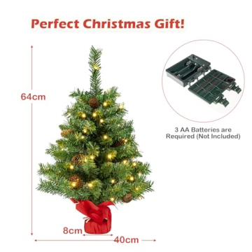 KOMFOTTEU 64 cm künstlicher Weihnachtsbaum Mini, Tannenbaum klein mit 50 LED-Lichtern & 8 Lichtmodi, Tisch Christbaum mit 75 Zweigspitzen & 8 Tannenzapfen, Weihnachtsdeko Grün - 5