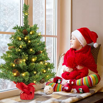 KOMFOTTEU 64 cm künstlicher Weihnachtsbaum Mini, Tannenbaum klein mit 50 LED-Lichtern & 8 Lichtmodi, Tisch Christbaum mit 75 Zweigspitzen & 8 Tannenzapfen, Weihnachtsdeko Grün - 6