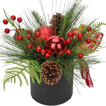 Kunstpflanze Weihnachtsdeko Künstliche Pflanze Gestecke Weihnachtsarrangement im Keramiktopf mit Tannenzweig Kugeln Berries Tannenzapfen, Dekopflanze Zimmerpflanze Tischdeko - 1