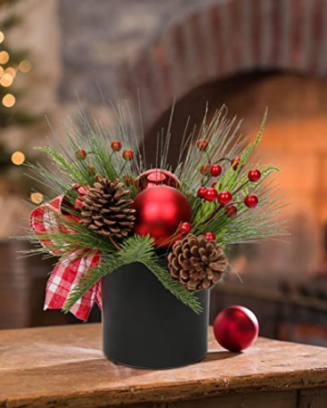 Kunstpflanze Weihnachtsdeko Künstliche Pflanze Gestecke Weihnachtsarrangement im Keramiktopf mit Tannenzweig Kugeln Berries Tannenzapfen, Dekopflanze Zimmerpflanze Tischdeko - 7