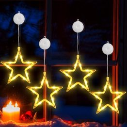PhilzOps Weihnachtsbeleuchtung Fenster Sterne, 4 Stück 10 LED Fensterdeko Lichterkette Innen Batteriebetriebene 8 Modi Timer mit Saugnäpfe Weihnachtsstern für Zimmer Garten Aussen Party, Warmweiß - 1