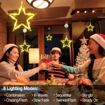 PhilzOps Weihnachtsbeleuchtung Fenster Sterne, 4 Stück 10 LED Fensterdeko Lichterkette Innen Batteriebetriebene 8 Modi Timer mit Saugnäpfe Weihnachtsstern für Zimmer Garten Aussen Party, Warmweiß - 4