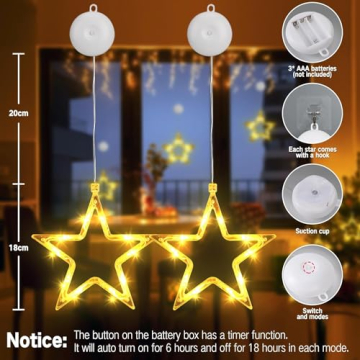 PhilzOps Weihnachtsbeleuchtung Fenster Sterne, 4 Stück 10 LED Fensterdeko Lichterkette Innen Batteriebetriebene 8 Modi Timer mit Saugnäpfe Weihnachtsstern für Zimmer Garten Aussen Party, Warmweiß - 7