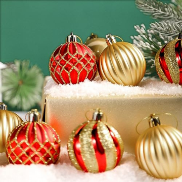 Shareconn 30ct 2.36 Zoll Weihnachtskugeln Ornamente, bruchsichere Kugeln Ornamente für Weihnachtsbaum, farbige Dekoration Kugeln für Weihnachtsfeier, Baumschmuck Haken enthalten (Rot & Gold, 60mm) - 5