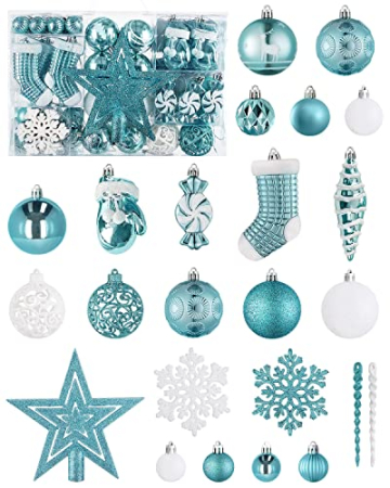 SOLEDI® 128er Set Premium Weihnachtskugeln Kunststoff Blau Weiß mit Baumspitze Stern - Robuste und Sichere Christbaumschmuck Set mit Aufhängen - Christbaumkugeln Bunt, Mehrweg Weihnachtsdeko - 1