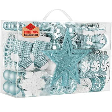 SOLEDI® 128er Set Premium Weihnachtskugeln Kunststoff Blau Weiß mit Baumspitze Stern - Robuste und Sichere Christbaumschmuck Set mit Aufhängen - Christbaumkugeln Bunt, Mehrweg Weihnachtsdeko - 8