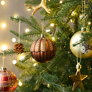 VALERY MADELYN Weihnachtskugeln 60 Stücke Christbaumkugeln Geschenkpaket Weihnachtsbaumschmuck Kunststoff Kupfergold Weihnachtsdeko mit Aufhänger Wald Thema - 2