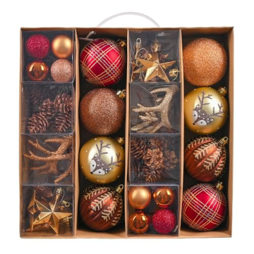 VALERY MADELYN Weihnachtskugeln 60 Stücke Christbaumkugeln Geschenkpaket Weihnachtsbaumschmuck Kunststoff Kupfergold Weihnachtsdeko mit Aufhänger Wald Thema - 1