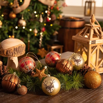 VALERY MADELYN Weihnachtskugeln 60 Stücke Christbaumkugeln Geschenkpaket Weihnachtsbaumschmuck Kunststoff Kupfergold Weihnachtsdeko mit Aufhänger Wald Thema - 5