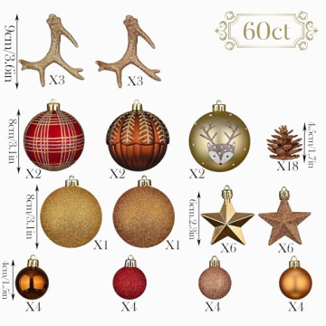 VALERY MADELYN Weihnachtskugeln 60 Stücke Christbaumkugeln Geschenkpaket Weihnachtsbaumschmuck Kunststoff Kupfergold Weihnachtsdeko mit Aufhänger Wald Thema - 6