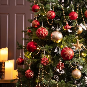 VALERY MADELYN Weihnachtskugeln 60tlg. Kunststoff Christbaumkugeln Weihnachtsbaumschmuck Dekoration Weihnachtsdeko mit Aufhänger Glänzend Glitzernd Matt Thema Rot Gold - 5