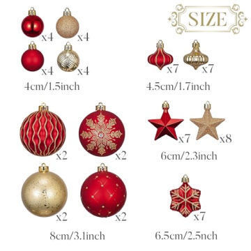 VALERY MADELYN Weihnachtskugeln 60tlg. Kunststoff Christbaumkugeln Weihnachtsbaumschmuck Dekoration Weihnachtsdeko mit Aufhänger Glänzend Glitzernd Matt Thema Rot Gold - 6
