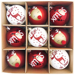 Victor's Workshop Weihnachtskugeln 9tlg. 6cm Kunststoff Christbaumkugeln Weihnachtsdeko Weihnachtsbaum Dekoration Set Plastik Ornament Weihnachten Deko mit Anhänger Oh Hirsch Thema Rot Weiß - 1