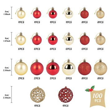 Weihnachtskugeln Rot Gold Weihnachtsbaumkugeln 100 Stück Christbaumkugeln Set Weihnachtskugeln Kunststoff für Weihnachtsdeko und Christbaumschmuck - 3