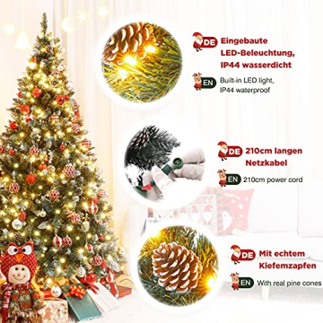 Yorbay künstlicher Weihnachtsbaum mit Beleuchtung und weißem Schnee, LED Tannenbaum für Weihnachten-Dekoration mit echten Tannenzapfen, Feuerbeständig (180CM) - 4