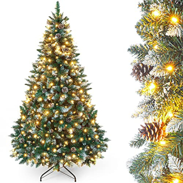 Yorbay künstlicher Weihnachtsbaum mit Beleuchtung und weißem Schnee, LED Tannenbaum für Weihnachten-Dekoration mit echten Tannenzapfen, Feuerbeständig (180CM) - 1